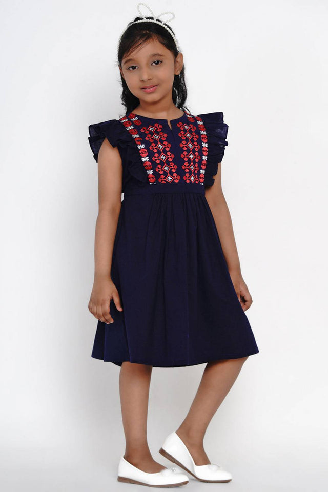 Girl's Blue Embroidered Flared Cotton Flared Dress