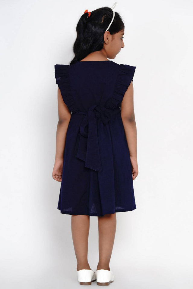 Girl's Blue Embroidered Flared Cotton Flared Dress