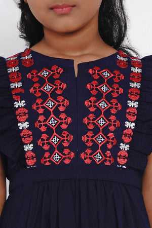 Girl's Blue Embroidered Flared Cotton Flared Dress