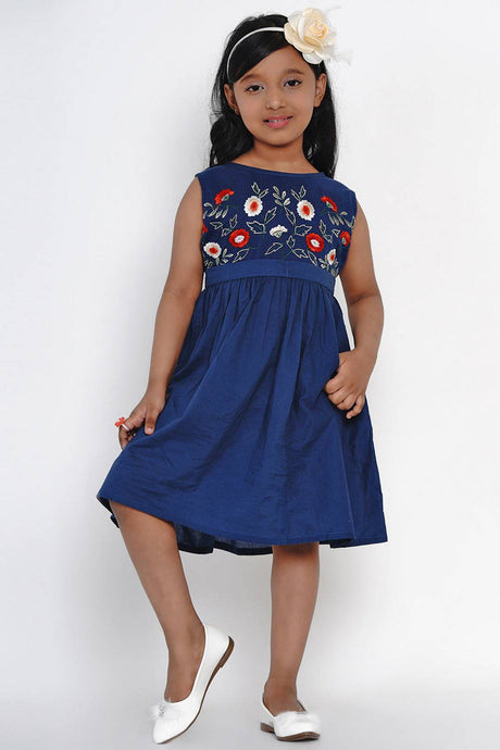 Girl's Blue Embroidered Flared Cotton Flared Dress