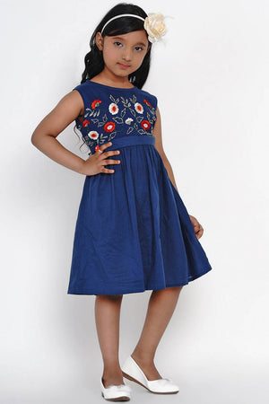 Girl's Blue Embroidered Flared Cotton Flared Dress