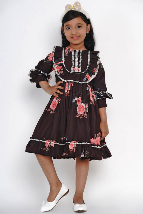 Girl's Black Floral Printed Synthetic Dress