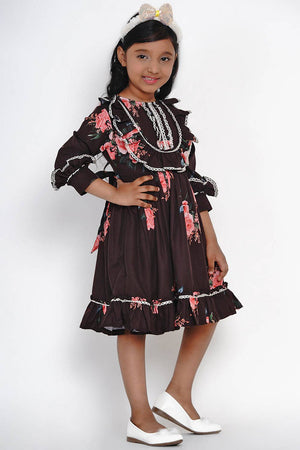 Girl's Black Floral Printed Synthetic Dress