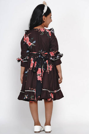 Girl's Black Floral Printed Synthetic Dress