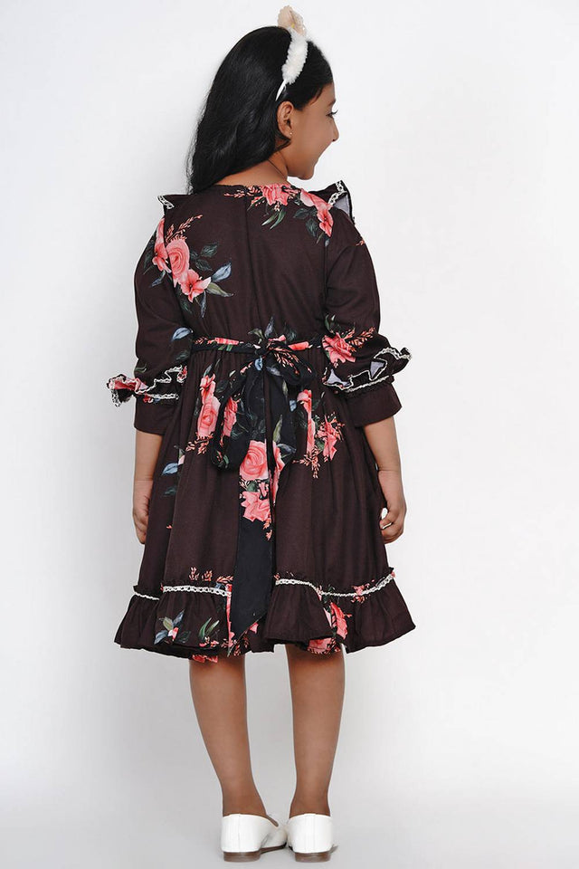 Girl's Black Floral Printed Synthetic Dress