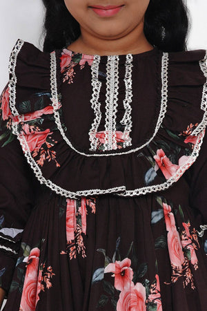 Girl's Black Floral Printed Synthetic Dress