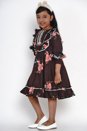 Girl's Black Floral Printed Synthetic Dress
