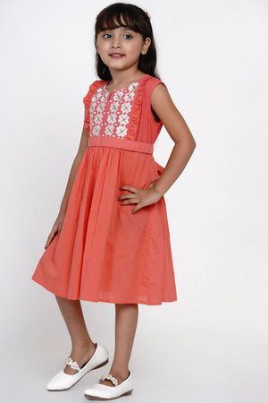 Girl's Peach Embroidered Flared Cotton Flared Dress