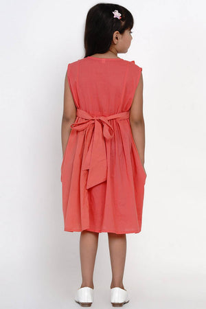 Girl's Peach Embroidered Flared Cotton Flared Dress