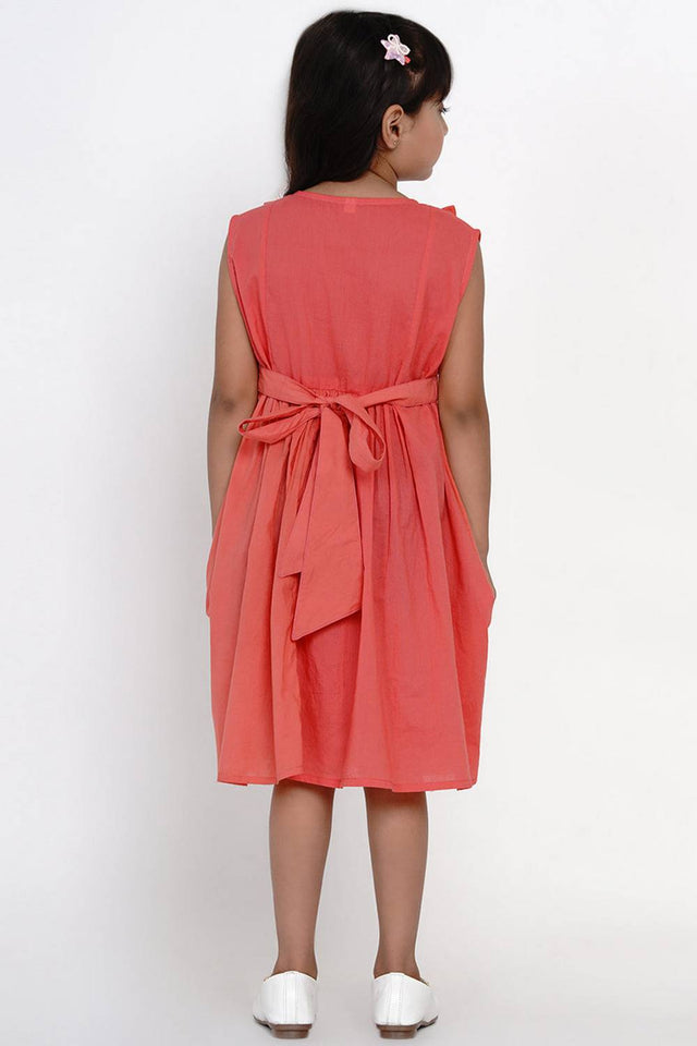 Girl's Peach Embroidered Flared Cotton Flared Dress
