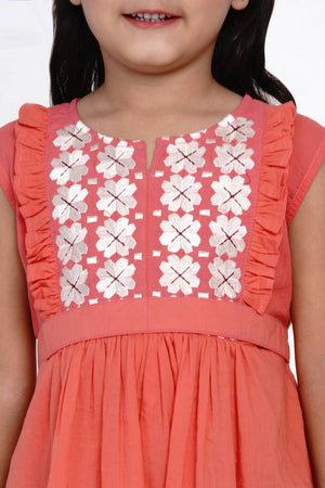 Girl's Peach Embroidered Flared Cotton Flared Dress