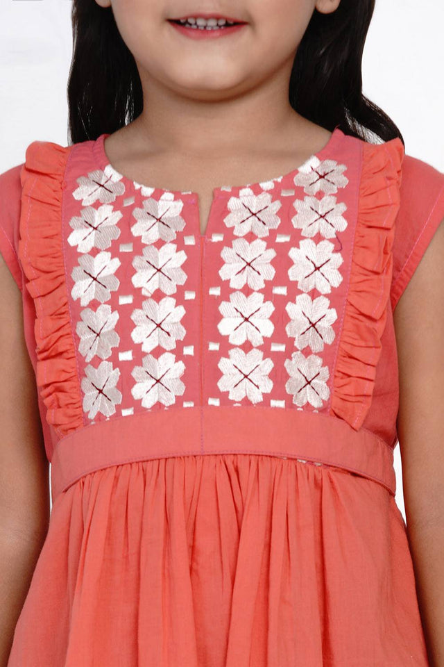 Girl's Peach Embroidered Flared Cotton Flared Dress