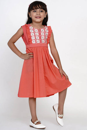 Girl's Peach Embroidered Flared Cotton Flared Dress
