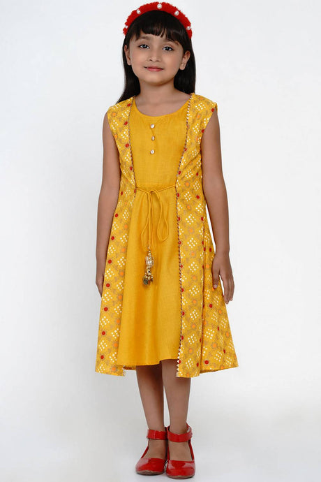 Girl's Yellow Bandhani Printed Cotton Dress