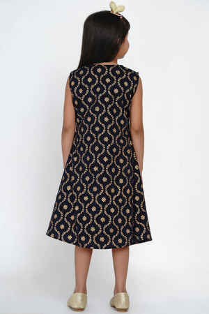 Girl's Blue Embroidered Flared Cotton Flared Dress