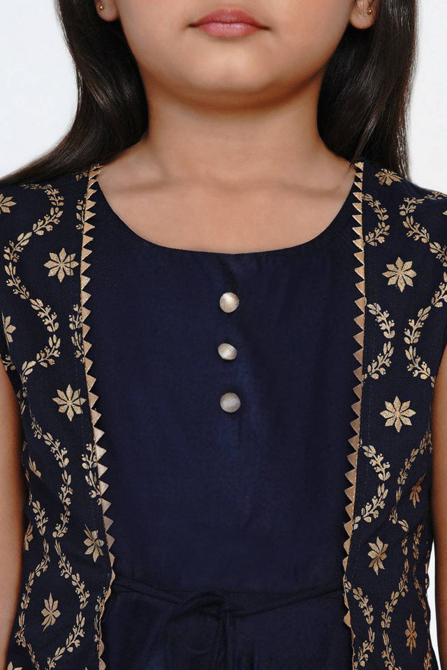 Girl's Blue Embroidered Flared Cotton Flared Dress