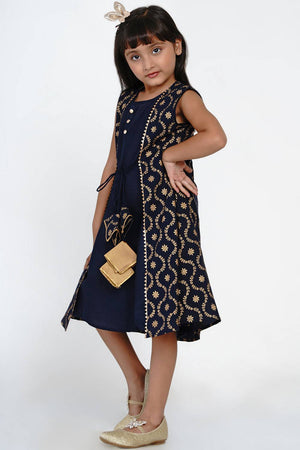 Girl's Blue Embroidered Flared Cotton Flared Dress