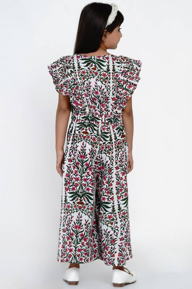 Girl's White Floral Printed Cotton Jumpsuit