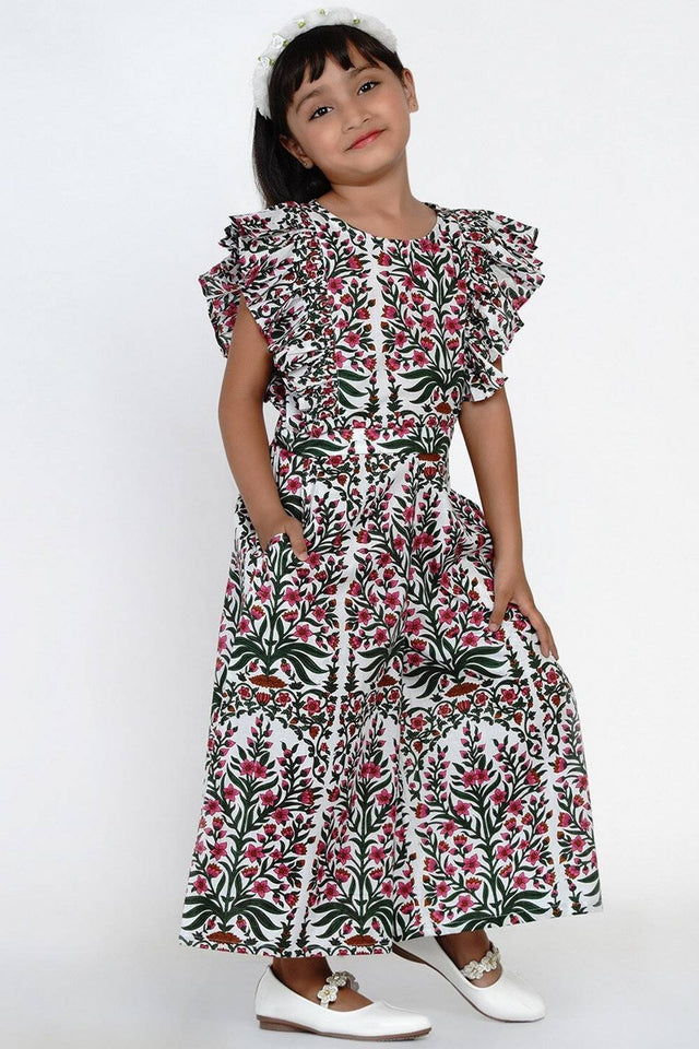 Girl's White Floral Printed Cotton Jumpsuit