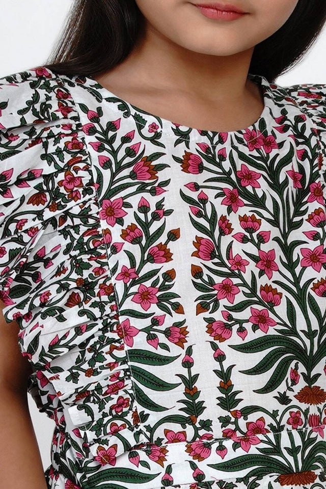 Girl's White Floral Printed Cotton Jumpsuit