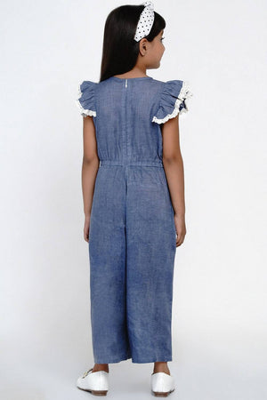 Girl's Blue Embroidered Cotton Jumpsuit