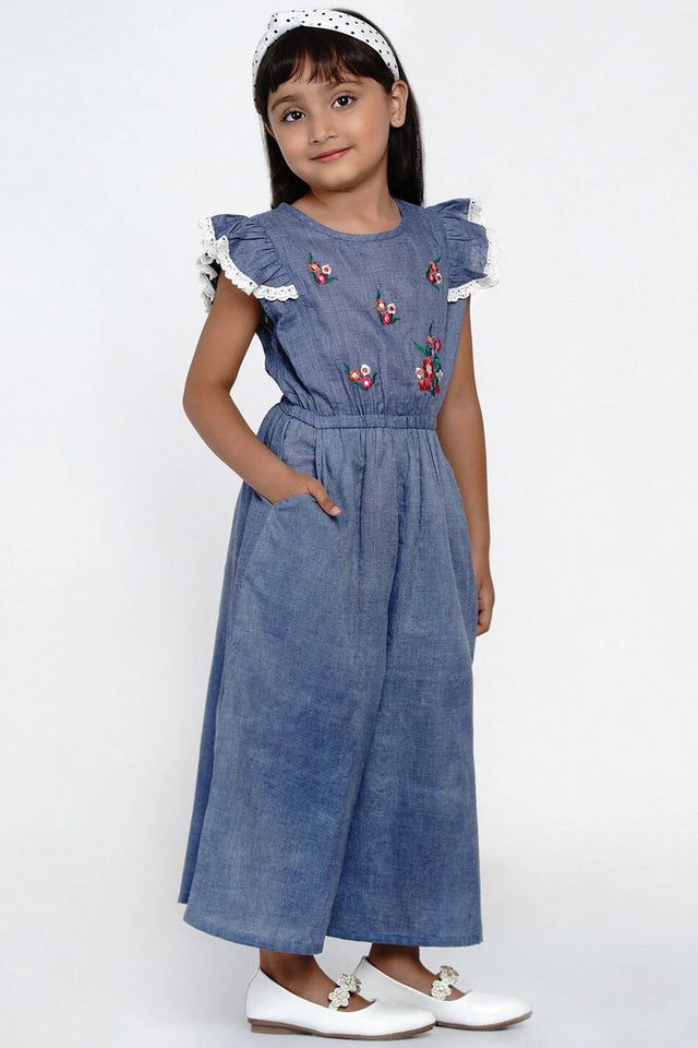 Girl's Blue Embroidered Cotton Jumpsuit