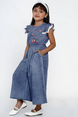 Girl's Blue Embroidered Cotton Jumpsuit