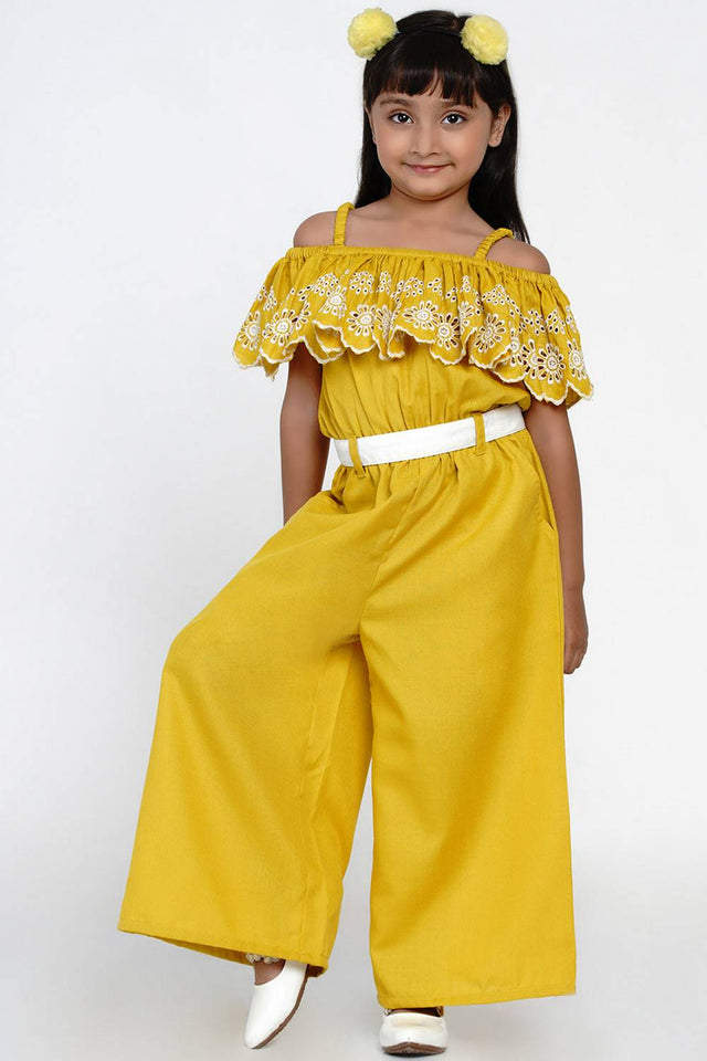 Girl's Mustard Solid Cotton Jumpsuit