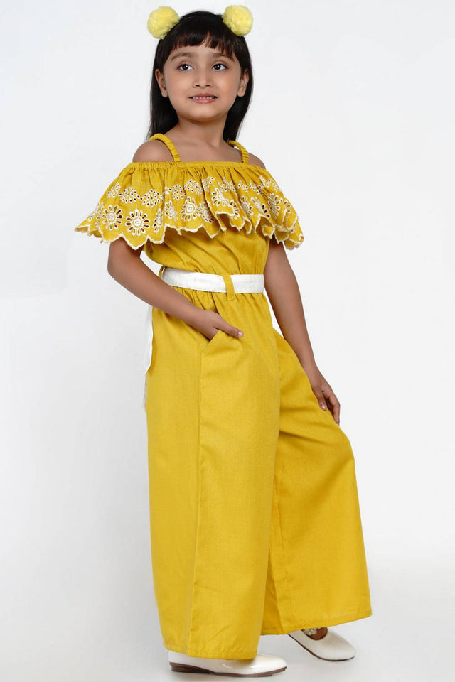 Girl's Mustard Solid Cotton Jumpsuit