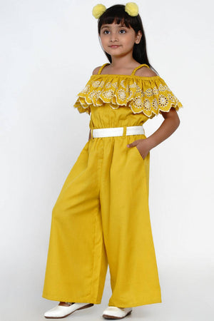 Girl's Mustard Solid Cotton Jumpsuit