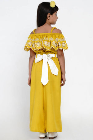 Girl's Mustard Solid Cotton Jumpsuit