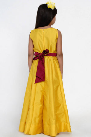 Girl's Mustard Embroidered Silk Dress