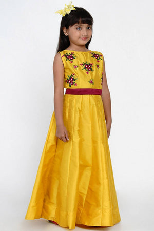 Girl's Mustard Embroidered Silk Dress