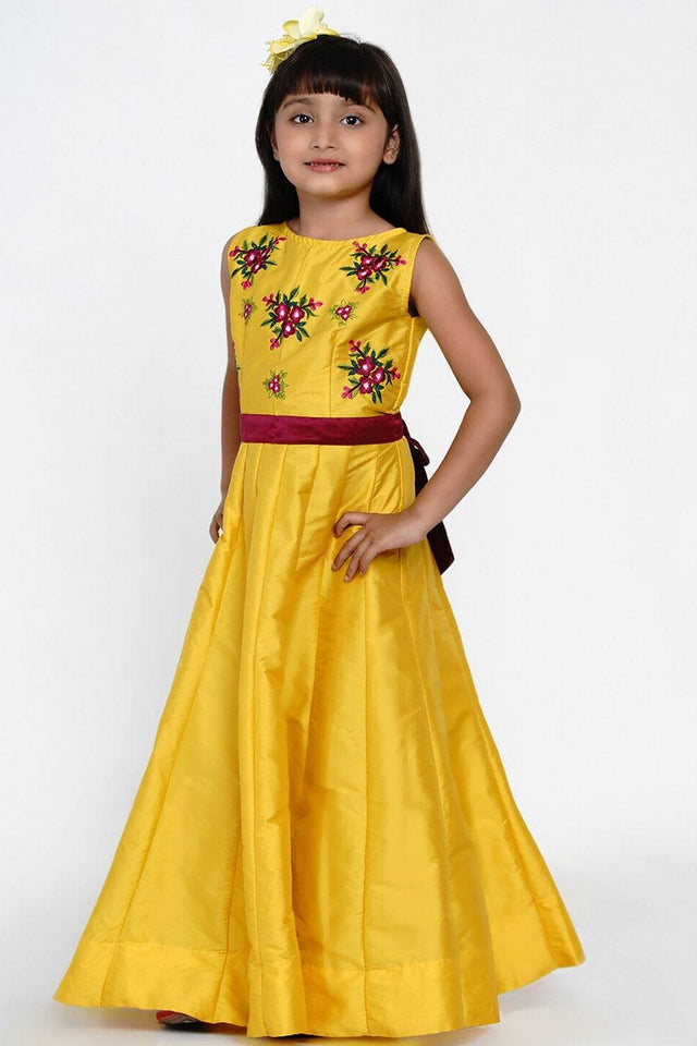 Girl's Mustard Embroidered Silk Dress