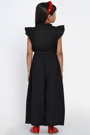 Girl's Black Solid Cotton Jumpsuit