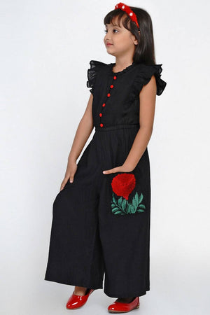 Girl's Black Solid Cotton Jumpsuit