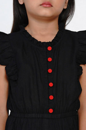 Girl's Black Solid Cotton Jumpsuit
