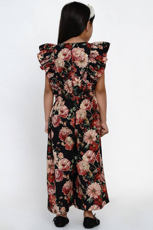 Girl's Black Floral Printed Rayon Jumpsuit