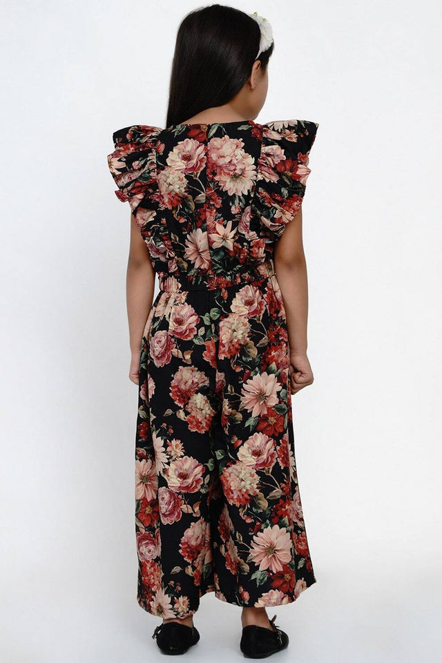 Girl's Black Floral Printed Rayon Jumpsuit