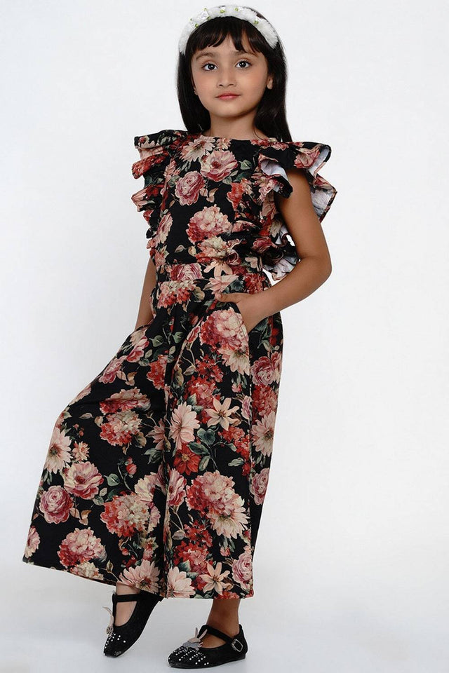 Girl's Black Floral Printed Rayon Jumpsuit