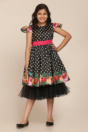 Girl's Black Floral Printed Silk Dress