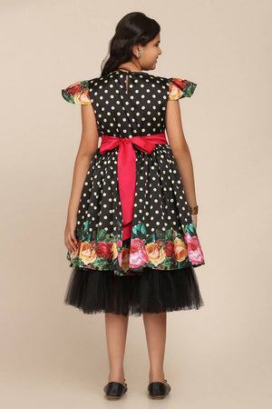 Girl's Black Floral Printed Silk Dress