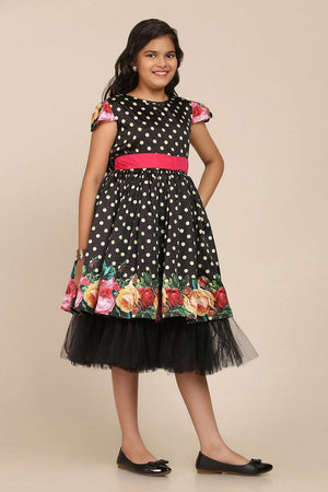 Girl's Black Floral Printed Silk Dress