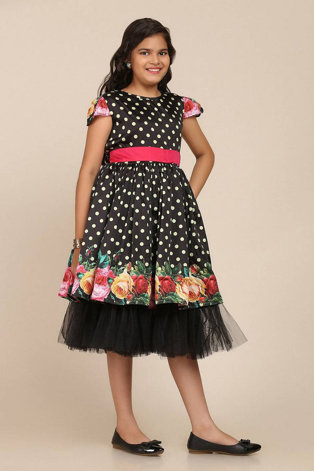 Girl's Black Floral Printed Silk Dress