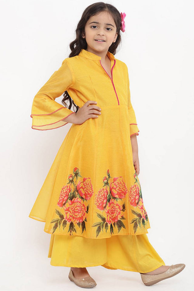 Girl's Yellow Floral Printed Silk Kurta Set