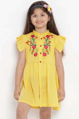 Girl's Yellow Embroidered Flared Cotton Flared Dress