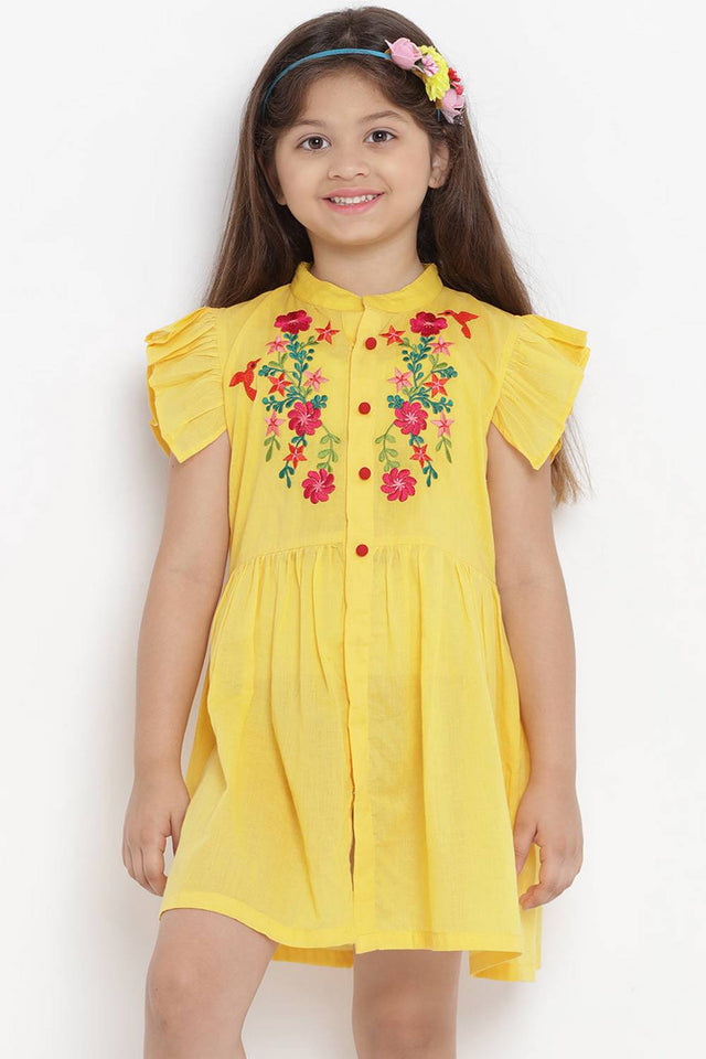 Girl's Yellow Embroidered Flared Cotton Flared Dress