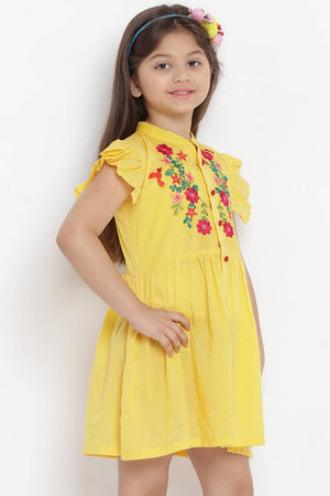 Girl's Yellow Embroidered Flared Cotton Flared Dress