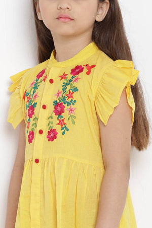 Girl's Yellow Embroidered Flared Cotton Flared Dress