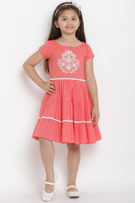 Girl's Peach Embriodered Cotton Dress